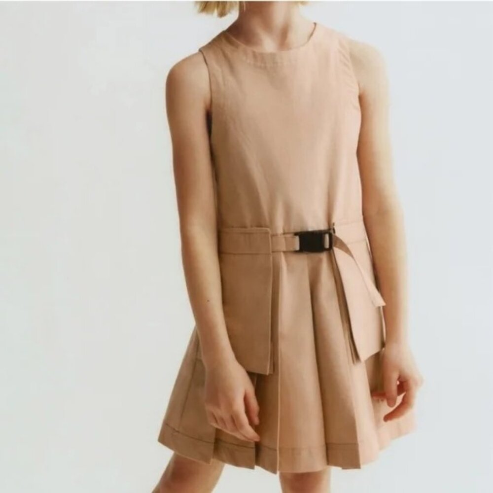 Zara Buckle Box Pleat Pinafore Dress Beige Sleeveless Girls Size 11-12